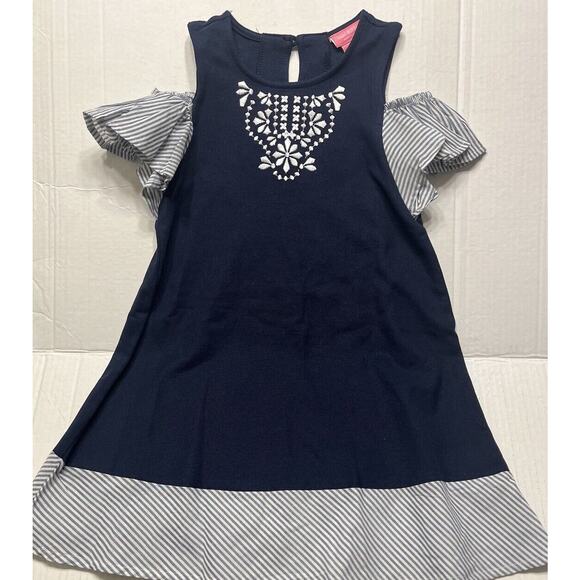 Isaac Mizrahi New York Girl’s Cold Shoulder Dress 4T Navy Embroidered Stripes - Picture 3 of 5
